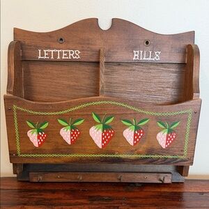Vintage 70s Wooden Bill, Letter, Organizer with Keyring Painted Strawberries.